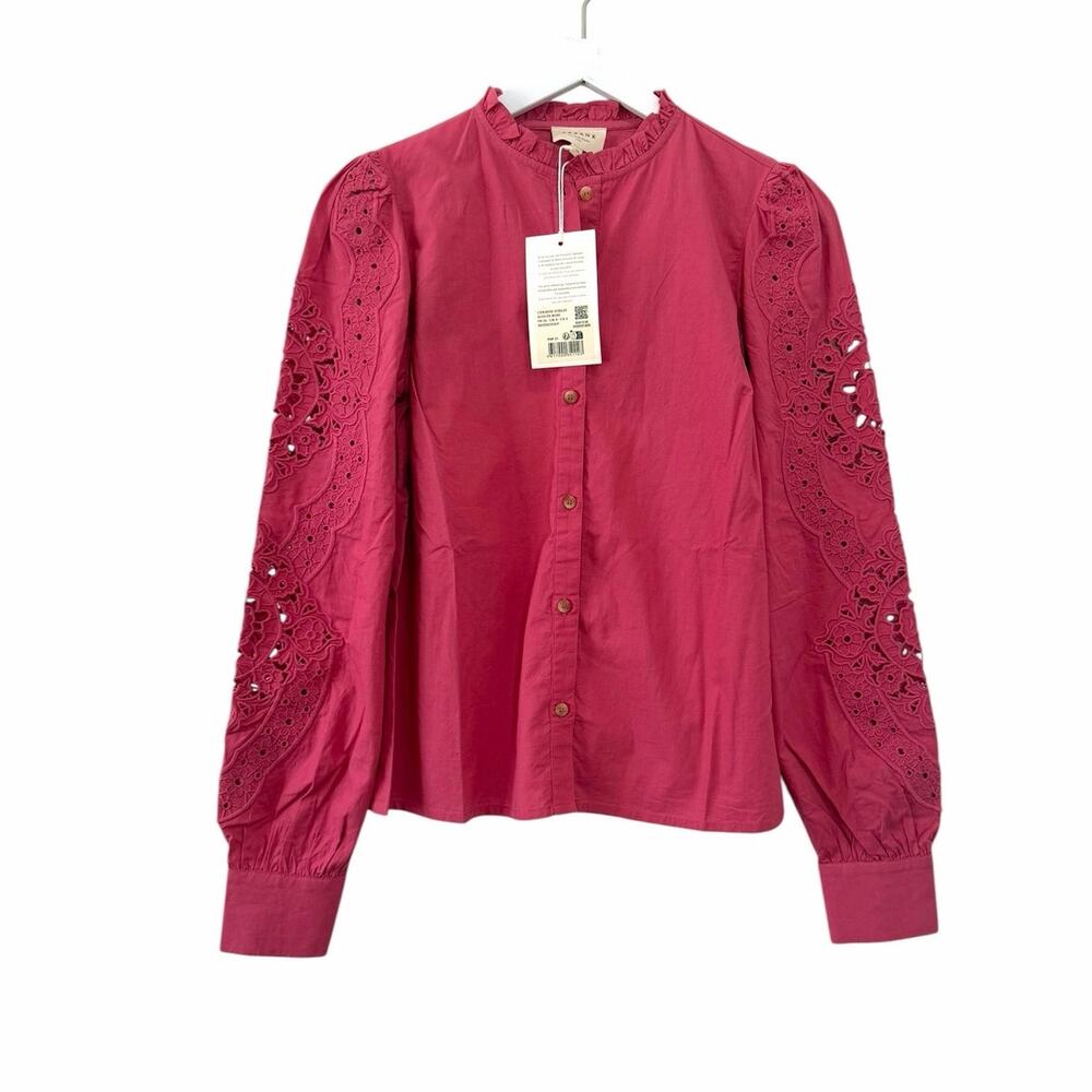 NWT Sézane Zoelie Shirt Pink Embroidered Eyelet Blouse US 4 EU 36 Cotton - Picture 4 of 9